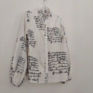 FHQ Womens M Shirt Script Top Ruffle Collar Button Front Poet Sleeves White